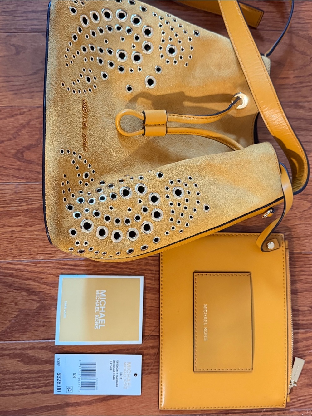 Michael Kors Cary Small Bucket Bag in Marigold Yellow Suede with COA - Picture 2 of 7